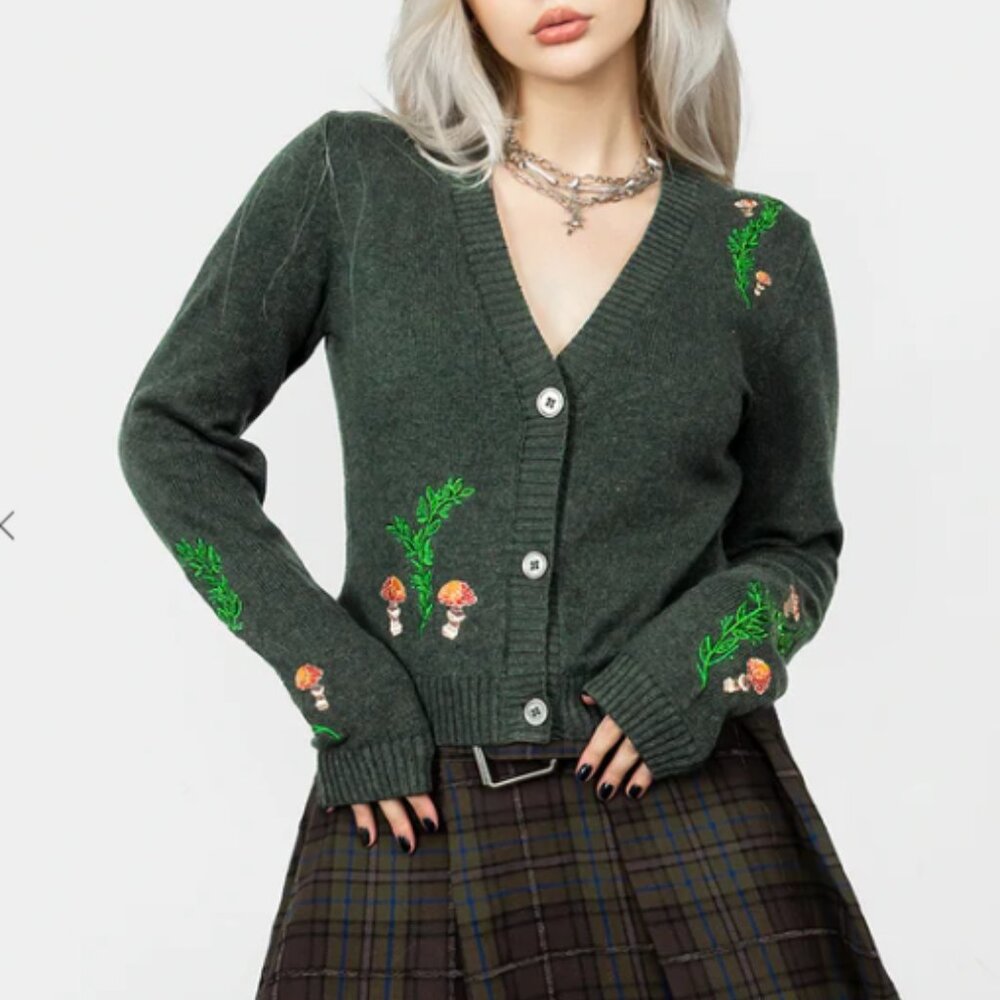 Disturbia - Fable Green Cardigan with Cute Mushroom Embroidery